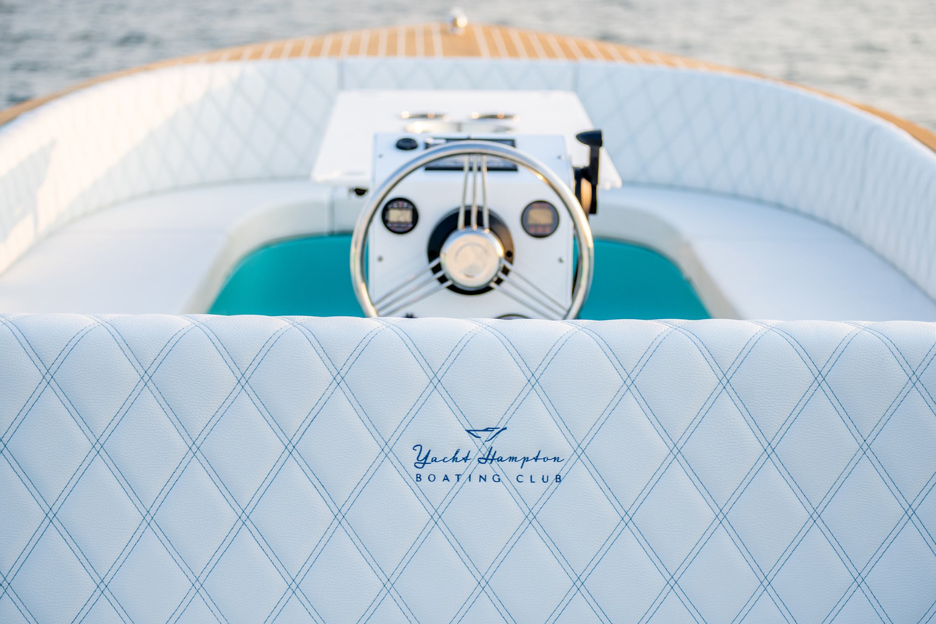 Yacht Hampton Boating Club helm with custom stitching