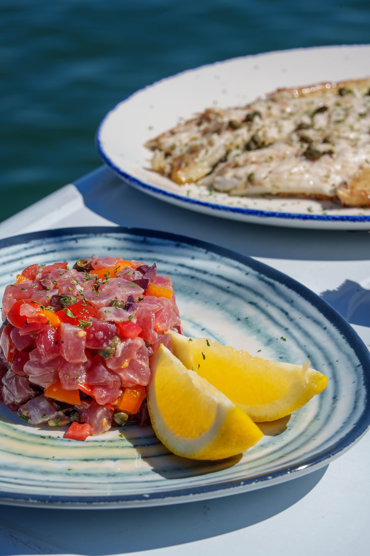 Tuna tartare and grilled fish dockside